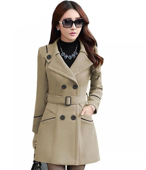 Long Coat With Pocket, Double-Breasted Belt Slim Elegant Ladies Outerwear, Simple Wool Jacket