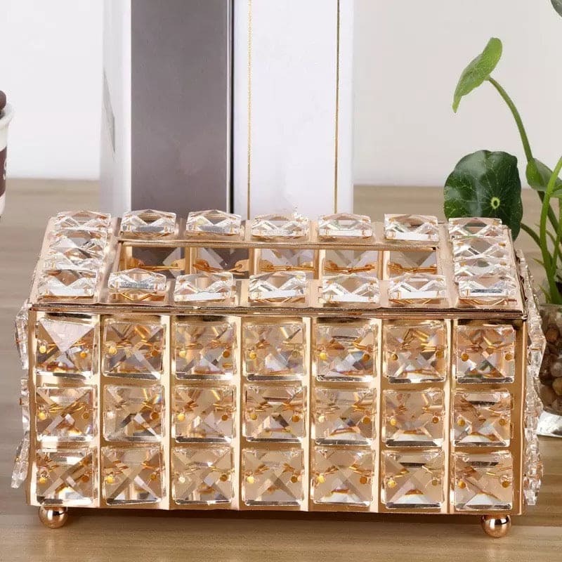 Rectangular Crystal Rhinestone Tissue Box, Desktop Napkin Storage Box, Gold Luxurious Bling Tissue Holder, Napkin Container for Bedroom And Dining Room