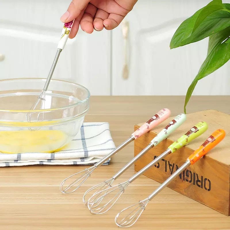 Mini Handle Egg Beater, Cute Cartoon Ceramic Handle Manual Beater, Hand Stirring Beaters, Multifunctional Cream Coffee Churn Baking Accessories Kitchen Tool, Stainless Steel Whisk, Mini Handle Stirrer Whisk