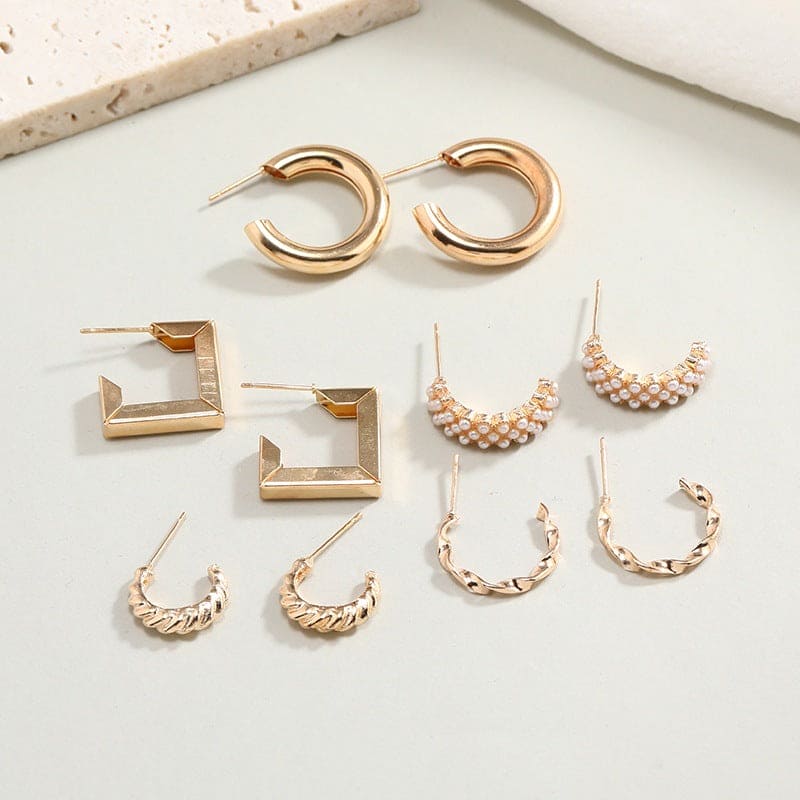 Set Of  5 Vintage Pearl Earrings Set, Exaggerated Gold Color Metal Pearl Earrings for Women, Geometric Twisted Vintage Hoop Earrings, Acrylic Butterfly Earrings Set, Vintage Circle Simulated Pearl Earring