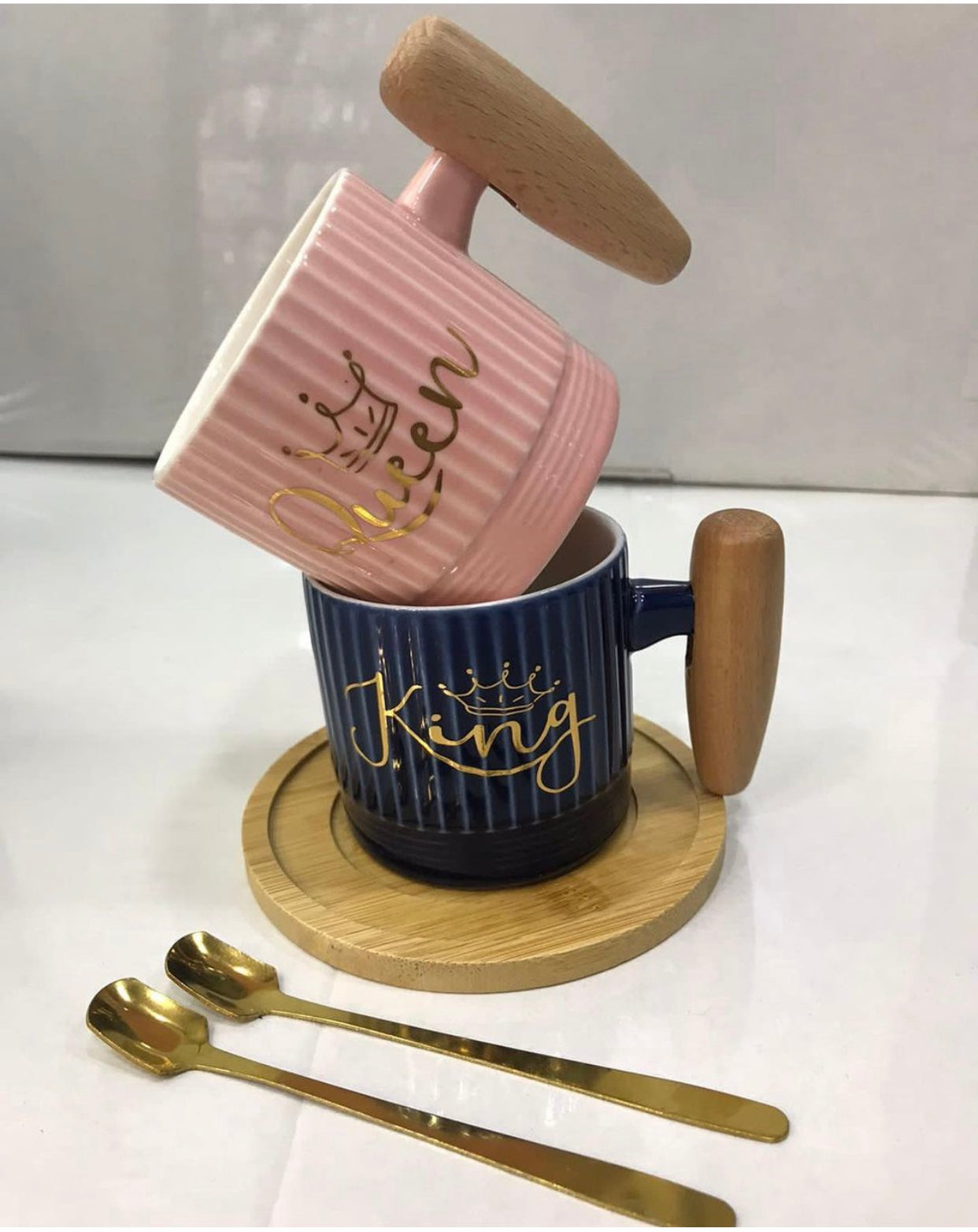 1pc Ceramic Mug With Spoon And Wooden Tray, Ceramic Water Coffee Cup, King and Queen Camping Ceramic Coffee Mugs