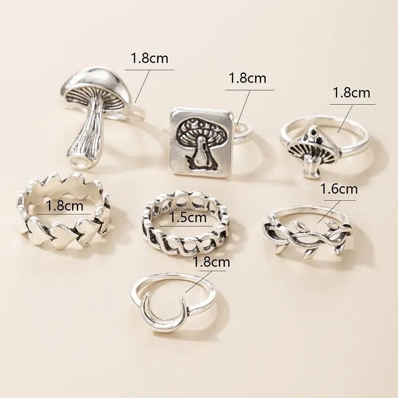 Set Of 7 Vintage Goth Mushroom Rings For Women, Mushroom Heart Leaves Rings, Stackable Finger Rings, Midi Rings For Women Fashion Jewellery
