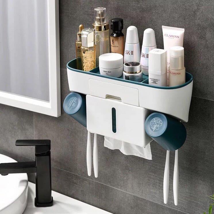 Wall-Mounted Toothbrush Holder With Cups, Automatic Toothpaste Squeezer Dispenser, Cosmetic Organizer for Bathroom