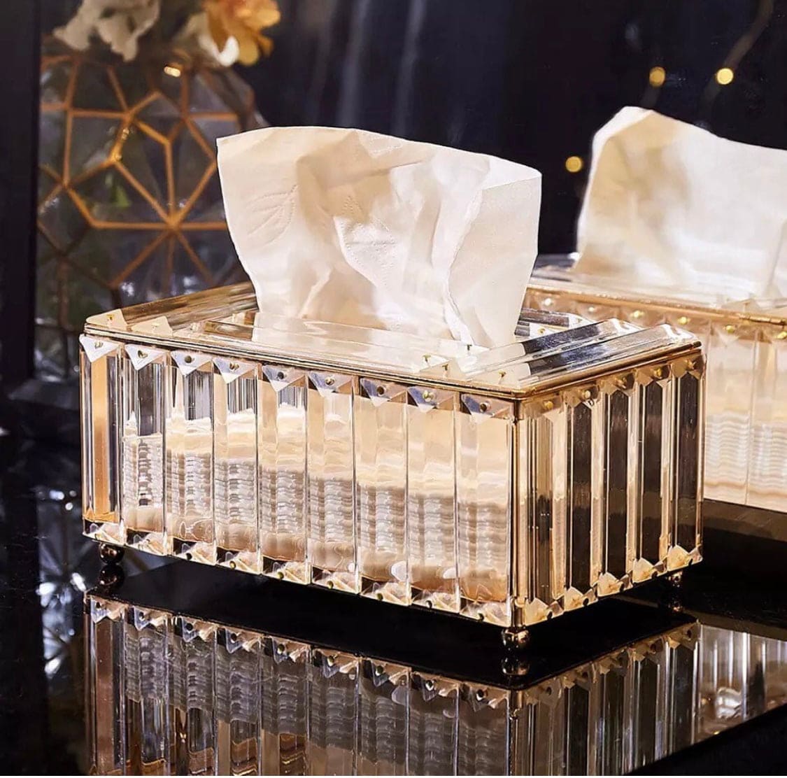 Crystal Glass Tissue Box,  Desktop Napkin Storage Box, Gold Luxurious Bling Tissue Holder