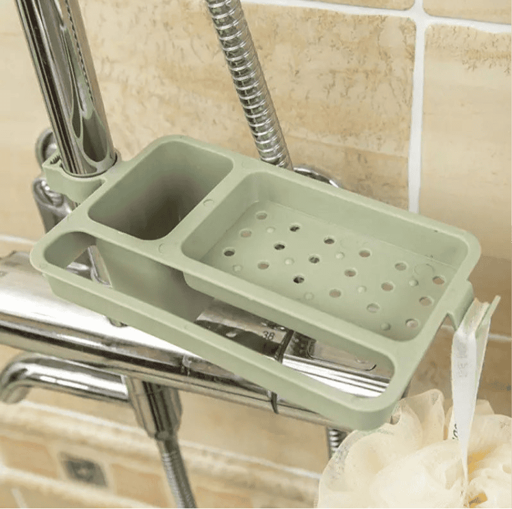 Faucet Sink storage basket, Adjustable Sponge Rack for Kitchen Supplies, Plastic Storage Rack for Shower and Tap With Washcloth Holder, Soap Holder