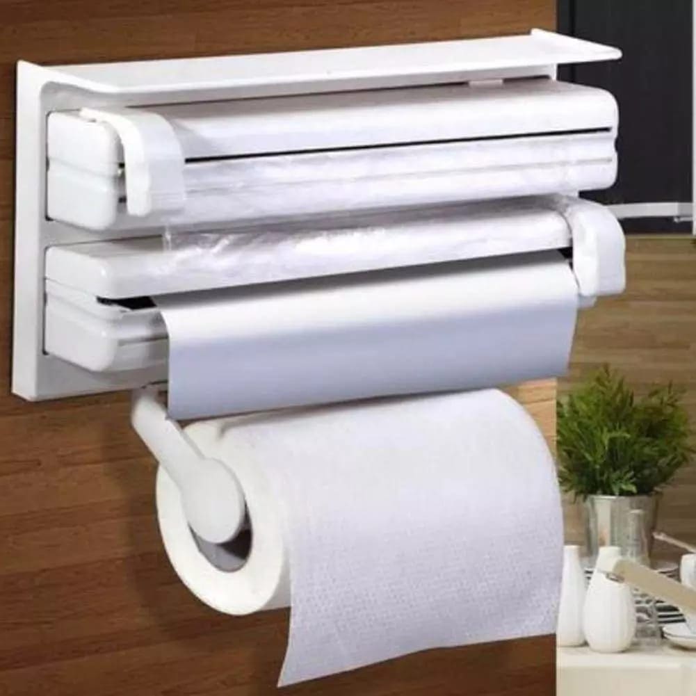 3 In 1 Multifunctional Kitchen Roll Holder, Cling Film Wall Mounted Paper Holder Shelf, Triple Food Wrap Dispenser, Kitchen Roll Holder With Spice Rack and Slide Cutter, Multifunctional Cling Film Cutter