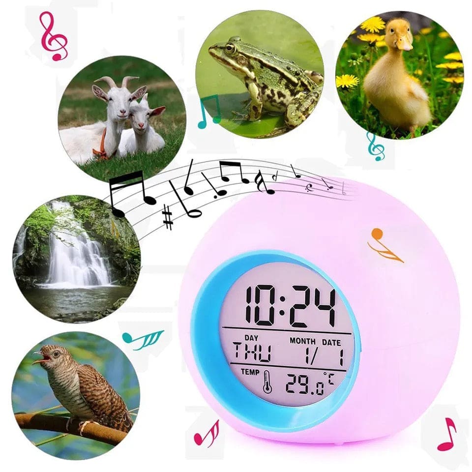 Cute Kids Digital Alarm Clock, 7 Color Alarm Clock, Cute Wake Up Timer Alarm Clock, Touch Control Digital Clock,  Colors Change Night Glowing Digital Alarm Clock, Natural Sounds Table Watch, Round Snooze Led Alarm Clock