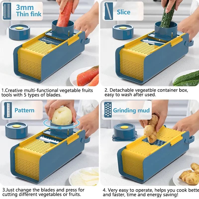 Hand Press Vegetable Cutter, Multifunctional Vegetable Slicer, Fruit Vegetable Peelar, Household Vegetable Cutter, Adjustable Slicer With Container, Cooking Kitchen Household Tool