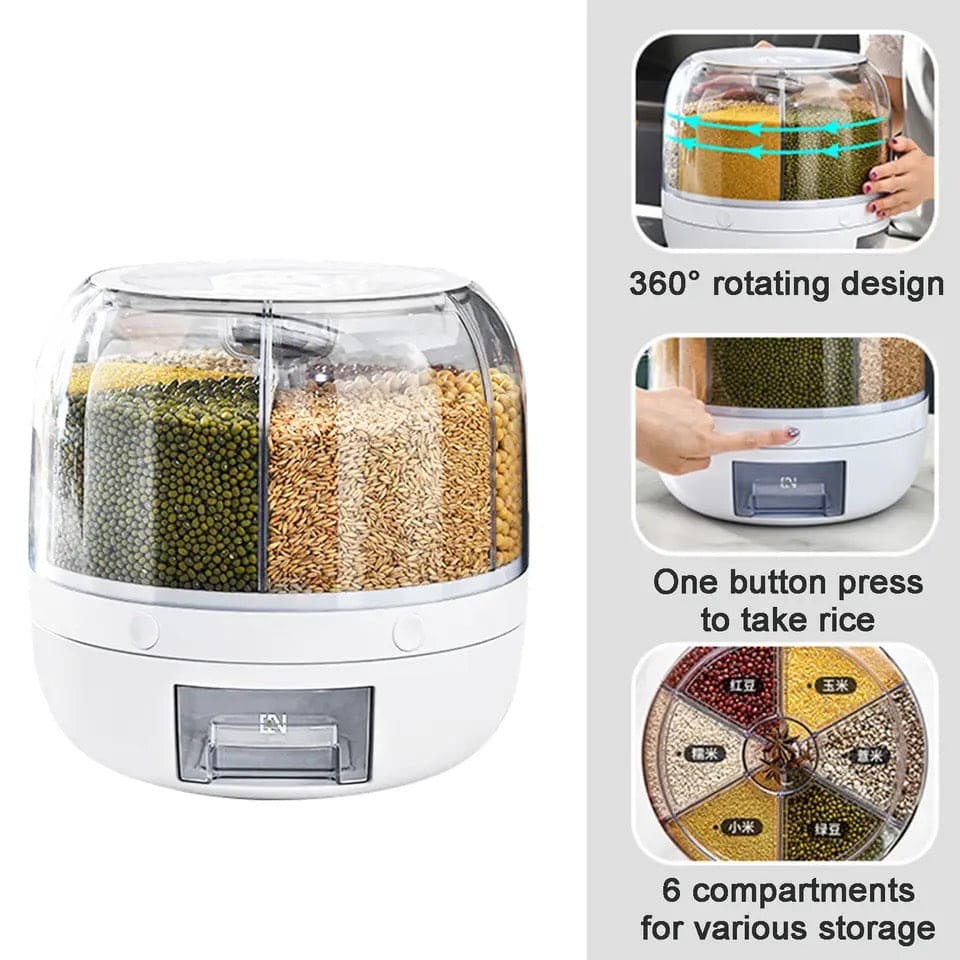 6 Grid Round Cereal Dispenser, 360° Rotatable Rice Barrels, Multi Compartment Grain Dispenser, Rotary Partition Sealed Jar, Round Rice Storage Tank, Measuring Container Kitchen Grains Rice Storage Bucket Food Organizer