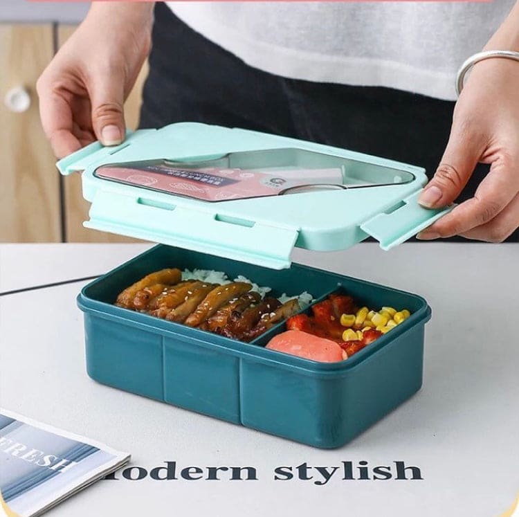 Microwave Oven Lunch Box With Spoon, 2 Compartment Plastic Divided Food Storage Container, Portable Food Grade Plastic Lunch Box, Portable Hermetic Bento Box