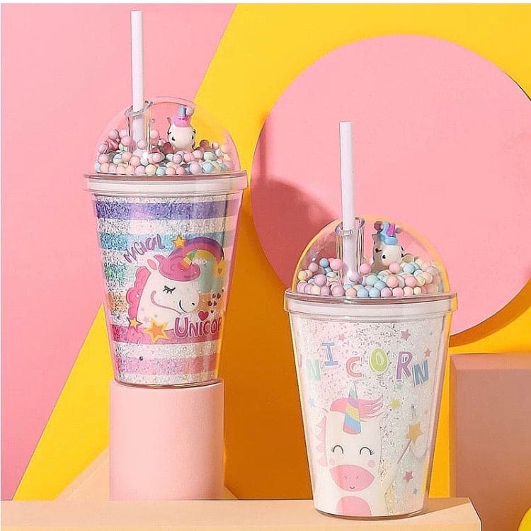 Double Layer Dream Unicorn Jar, Cartoon Plastic Water Cup With Straw & Lid