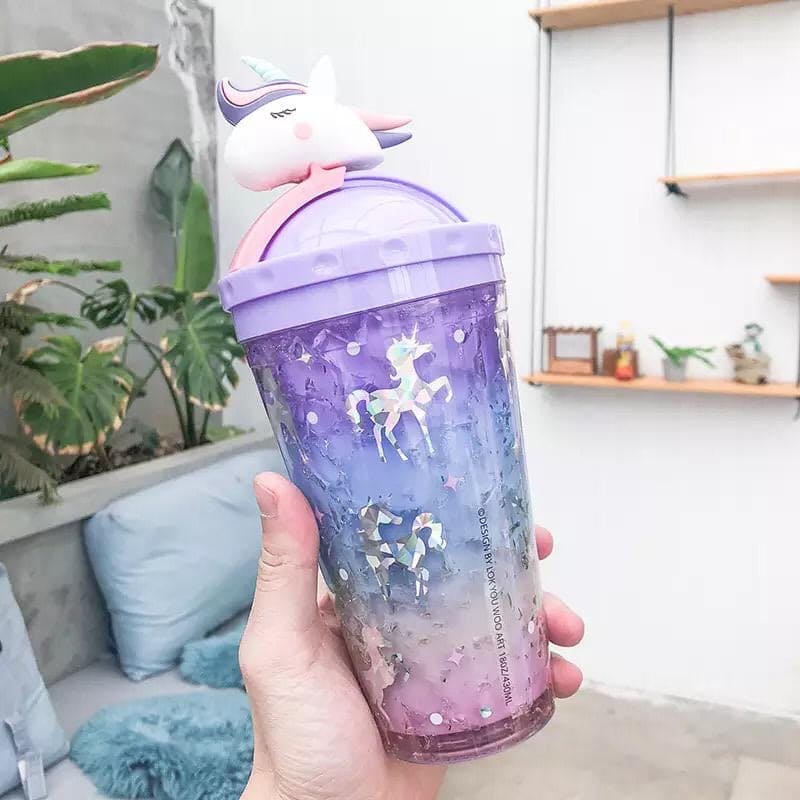 Creative Unicorn Push Cap Plastic Ice Cup, Summer Plastic Mug With Straw And Lid