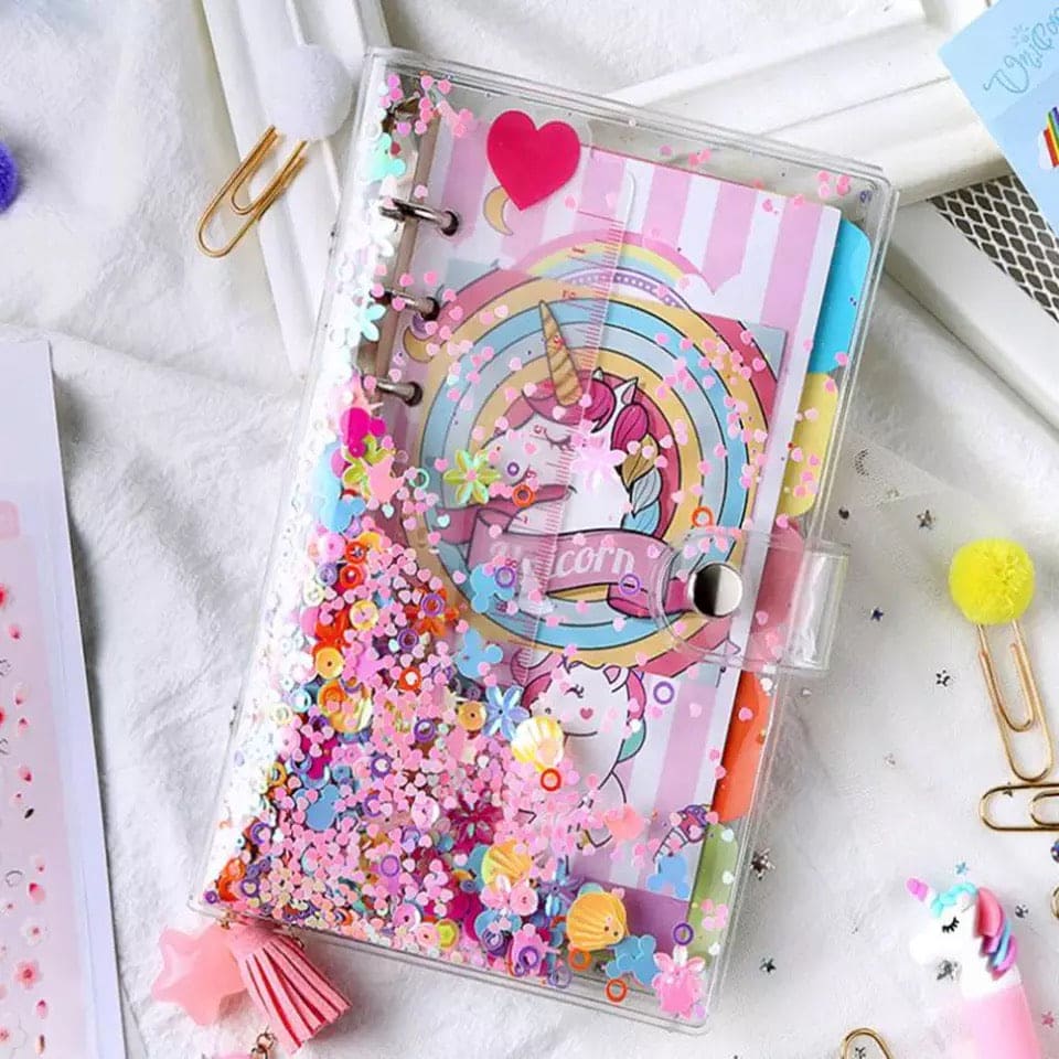 Unicorn Spiral Notebook Set, Weekly Planner Diary Paper Notepad, Pink Sequin Petal Transparent Unicorn Notebook Set