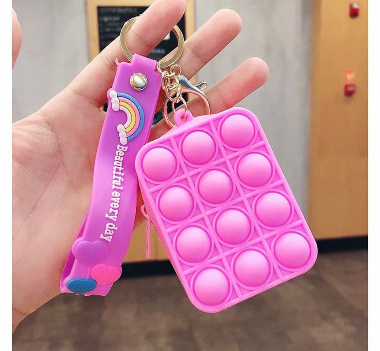 Creative Silicon Decompression Pop Its Bubble Fidget Toy Keychain, Simple Dimple Anti-stress Rainbow Coin Purse Keychain, Anti stress Sensory Toy Key Chain