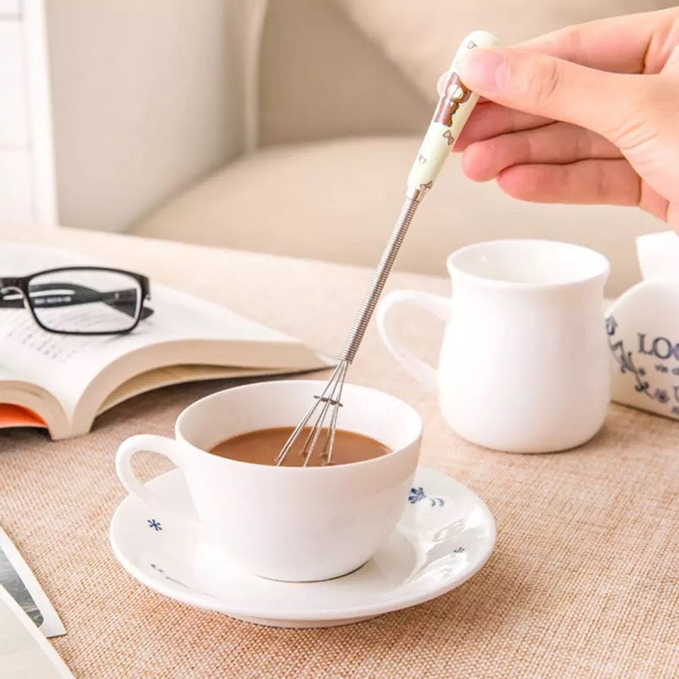 Mini Handle Egg Beater, Cute Cartoon Ceramic Handle Manual Beater, Hand Stirring Beaters, Multifunctional Cream Coffee Churn Baking Accessories Kitchen Tool, Stainless Steel Whisk, Mini Handle Stirrer Whisk