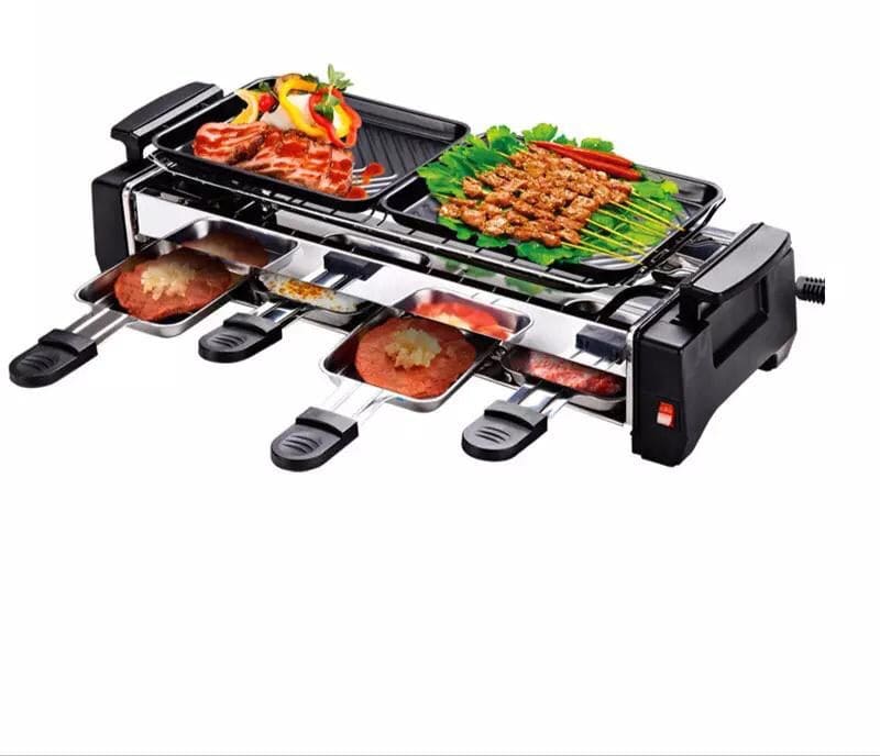 1200W Non-stick Family Barbecue Electric Raclette Grill, Electric Table Grill, Non-Stick Reversible Grill Plate and Removable Mini Pans,
