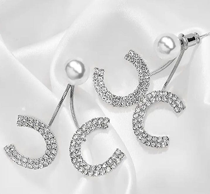 Double C Pearl Earring, Simple Pearl Rhinestone Earrings, Shiny Drill Ear Clip Earrings For Women, Elegant Pearl Ear Cuff