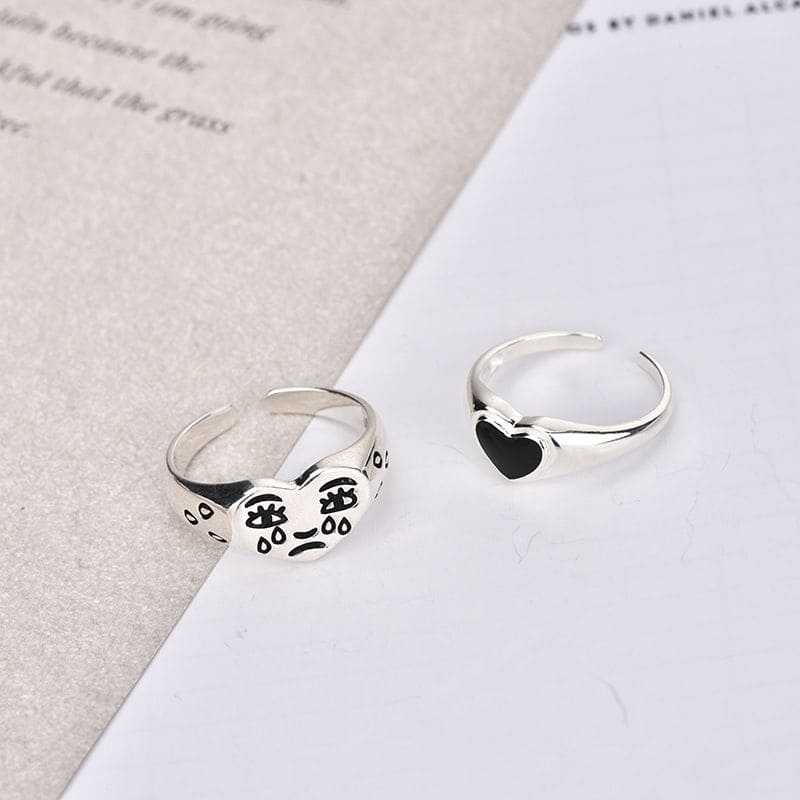 2 Pcs Creative Crying Heart Rings, Trendy Fashion Female Resizable Ring Jewellery , Vintage Adjustable Ring