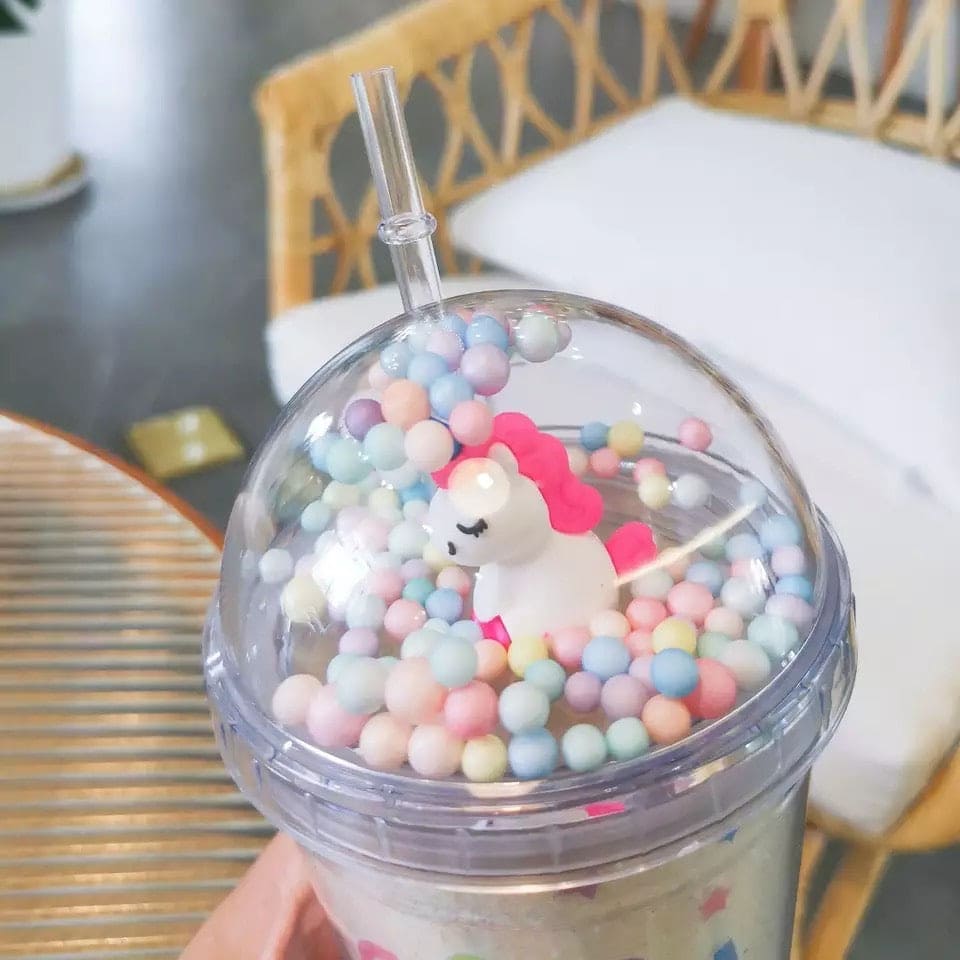 Creative Unicorn Plastic Cup With Lid And Straws, BPA Double Layer Cup, Cartoon Large Capacity Micro Landscape Cup
