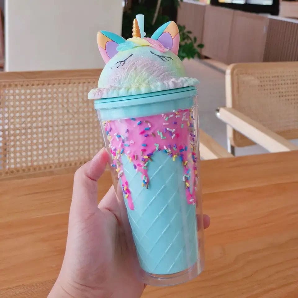 Unicorn Popsicle Cup, Double-layer Plastic Straw Mug, Lovely High Appearance Water Cup With Cover, Unicorn Sippy Coffee Cup, Portable Popsicle Cup