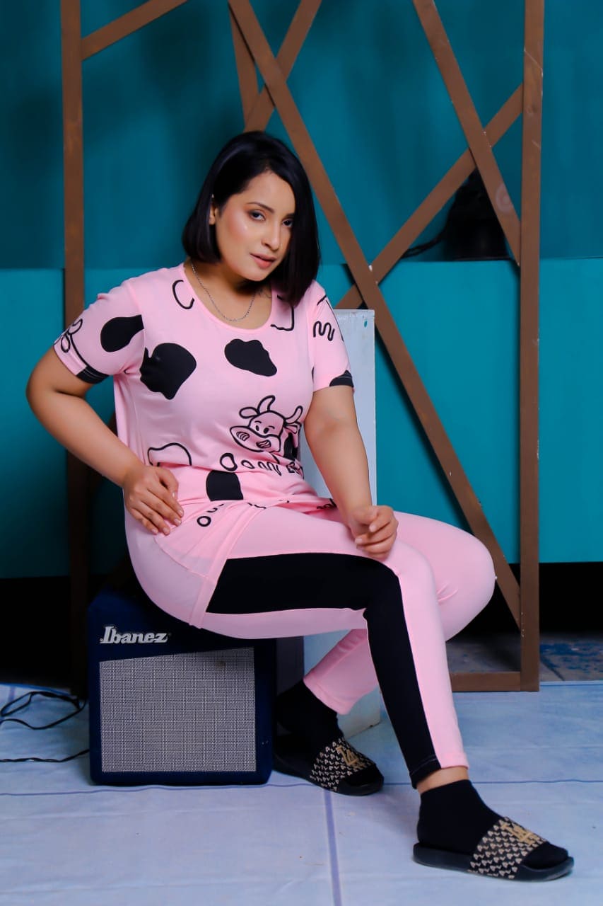 Pink Cow Print Half Sleeves Women's Nightsuit For Summers