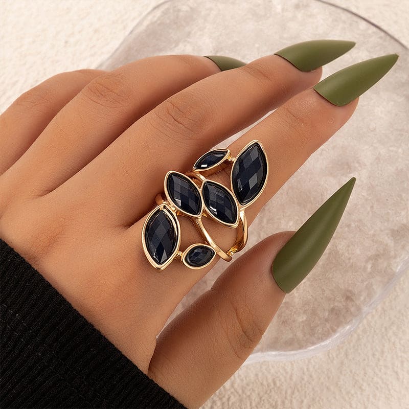 Luxury Black Crystal Leaf Ring, Oval Geometric Rhinestone Ring, Crystal Stone Opening Joint Ring, Black Crystal Diamond Ring For Women, Gemstone Ring for Women