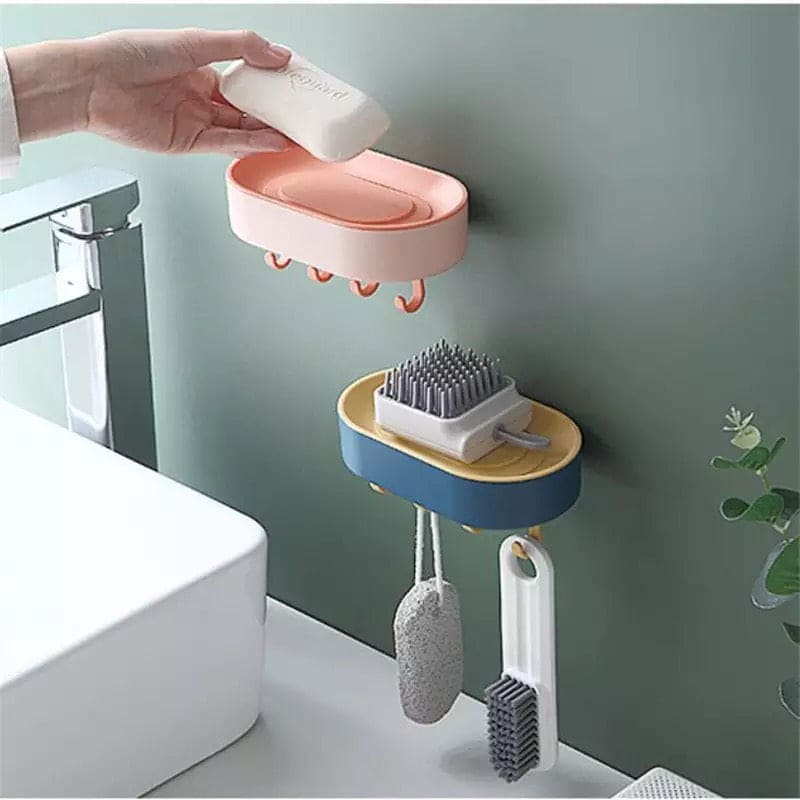 Double Layer Soap Box, Hanging Bathroom Soap Shower Soap Holder, Dish Storage Plate Tray Soap Box, Multifunctional Shelf Toilet Drain Soap Box with Plastic Hooks, Soap Dish Tray