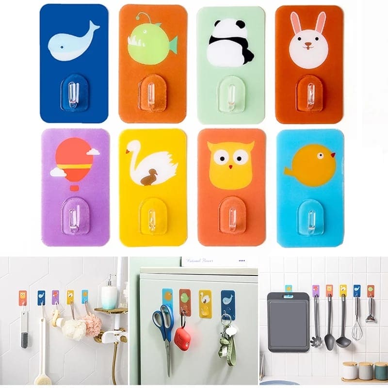 Set Of 8 Cartoon Wall-mounted Hooks, Strong Home Self-adhesive Water-proof Stick Hook, Wall Mounted Hangers for Hat Keys, Heavy Duty Hooks for Hanging Towels