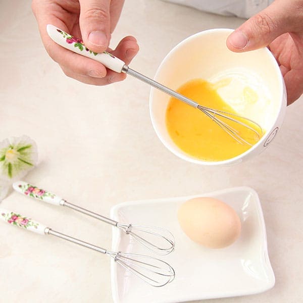 Mini Handle Egg Beater, Cute Cartoon Ceramic Handle Manual Beater, Hand Stirring Beaters, Multifunctional Cream Coffee Churn Baking Accessories Kitchen Tool, Stainless Steel Whisk, Mini Handle Stirrer Whisk