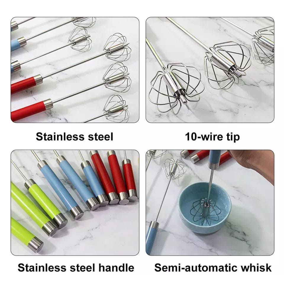 Colorful Long Handle Whisker, Stainless Steel  Semi Automatic Whisk, Manual Press Type Butter Whipping, Manual Press Type Egg Beater, Kitchen Baking Tool Baking Accessories, Automatic Stirrer for Milkshake Sauce Drink