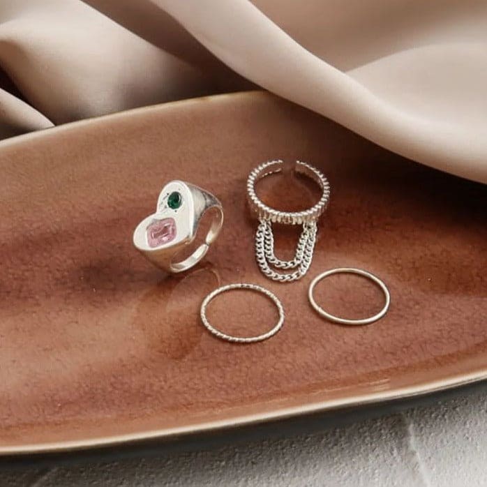 Set Of 5 Multi Beaded Pearl Rings Set, Retro Open Love Rings, Index Finger Ring For Women, Metal Zircon Finger Rings