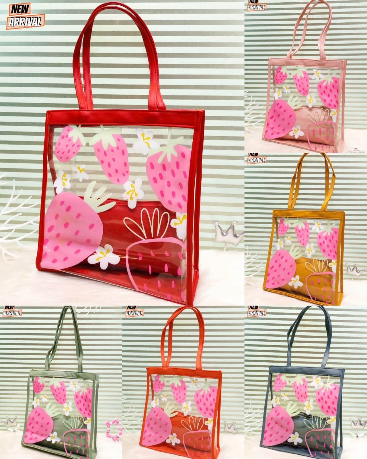 New Strawberry Transparent  Large Size Tote Bags, Clear Shoulder Handbags For Ladies, Waterproof Transparent Handbag