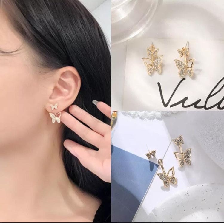 Butterfly Double Studs Earrings, Double Butterfly Gold Earrings For Women