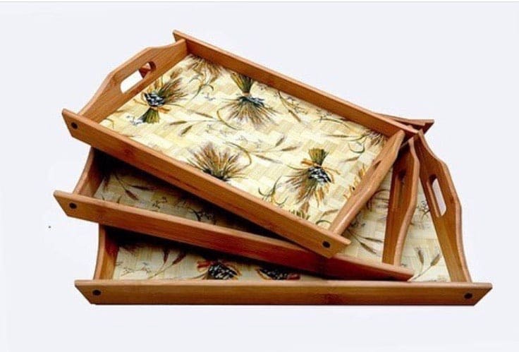 Set of 3 Bamboo Trays, Japan Style Tea Trays, Printed Serving Tray With Handles