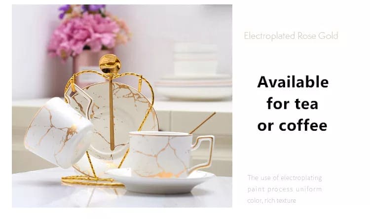 200ml Luxury Marble Ceramic Coffee Cups And Saucers Set With Gold Stand, Marble Ceramic Coffee Cup Saucer Spoon Set, Nordic Matt Porcelain Tea Set, Advanced Teacups
