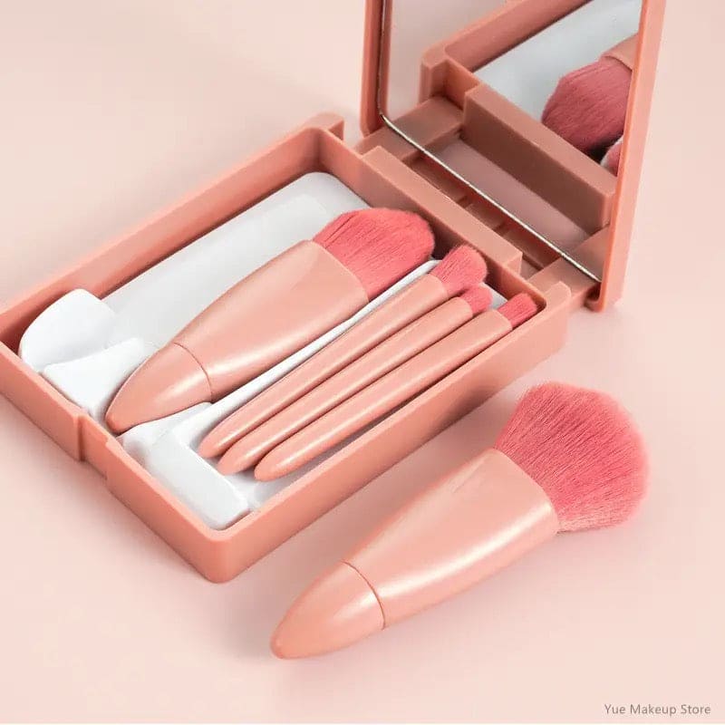 5 Pcs Mini Travel Makeup Brush Set, Portable Makeup Brush Box With Mirror, Giant Soft Loose Powder Blush Eye Shadow Cosmetic Brushes, Mini Makeup Brush, Reusable Artificial Fibers Eyeshadow Beauty Makeup Brush, Portable Blush Brush, Concealer Brush