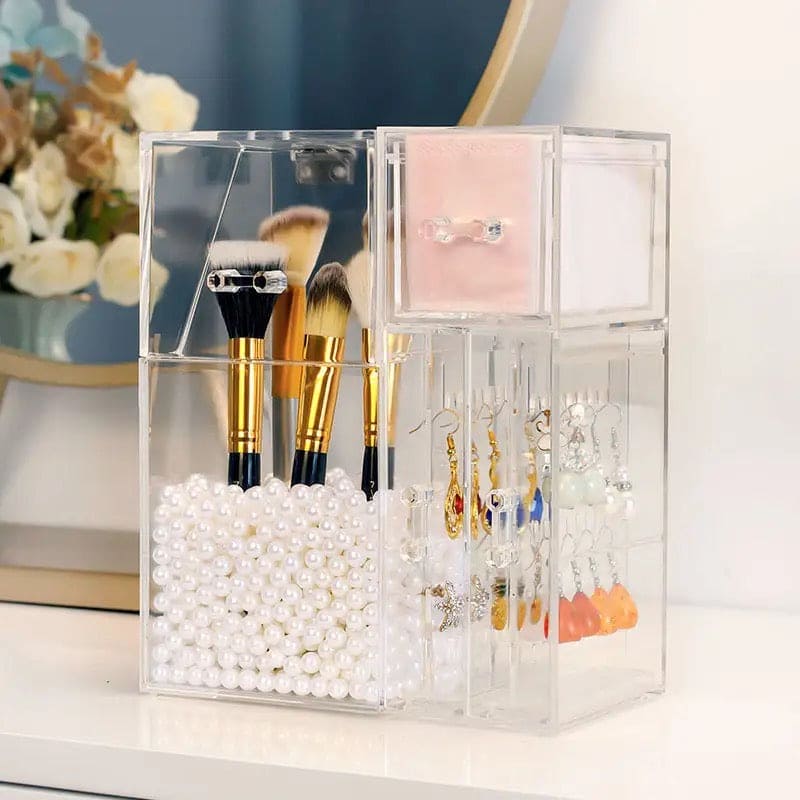 Pearl Acrylic Makeup Brushes Holder, Lipstick Nail Polish Jewelry Display Holder, Transparent Cosmetic Organizer Box, Clear Cosmetic Organizer With Lid Drawer, Multifunctional Makeup Brush Holder, Drawer Lipstick Makeup Brushes Holder