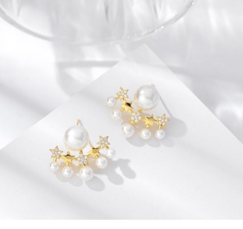 Crystal Star Stud Earrings, Lovely Gold Color Crystal Radiate Star Earrings Jewelry, Star  Simulated Pearl Beads, Shiny Double Star Earrings For Women
