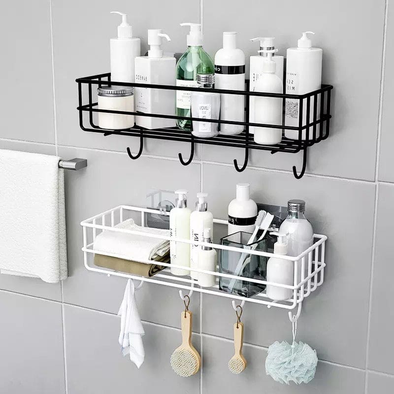 Wall Mounted Bathroom Hanging Shelf, Iron Shampoo Holder, Wall Mounted Floating Rack With Hooks, Bathroom Shower Storage Rack