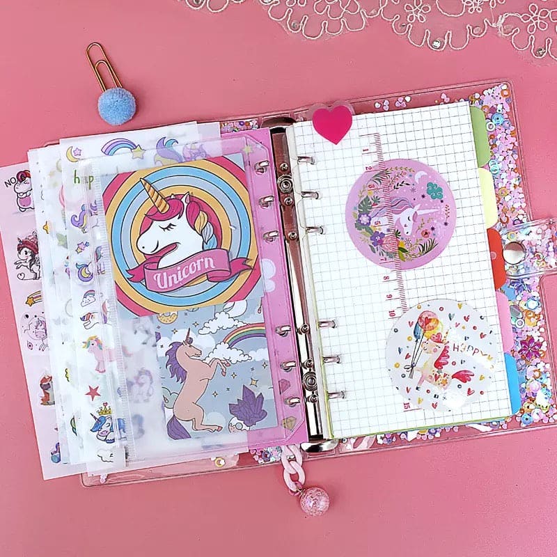 Unicorn Spiral Notebook Set, Weekly Planner Diary Paper Notepad, Pink Sequin Petal Transparent Unicorn Notebook Set