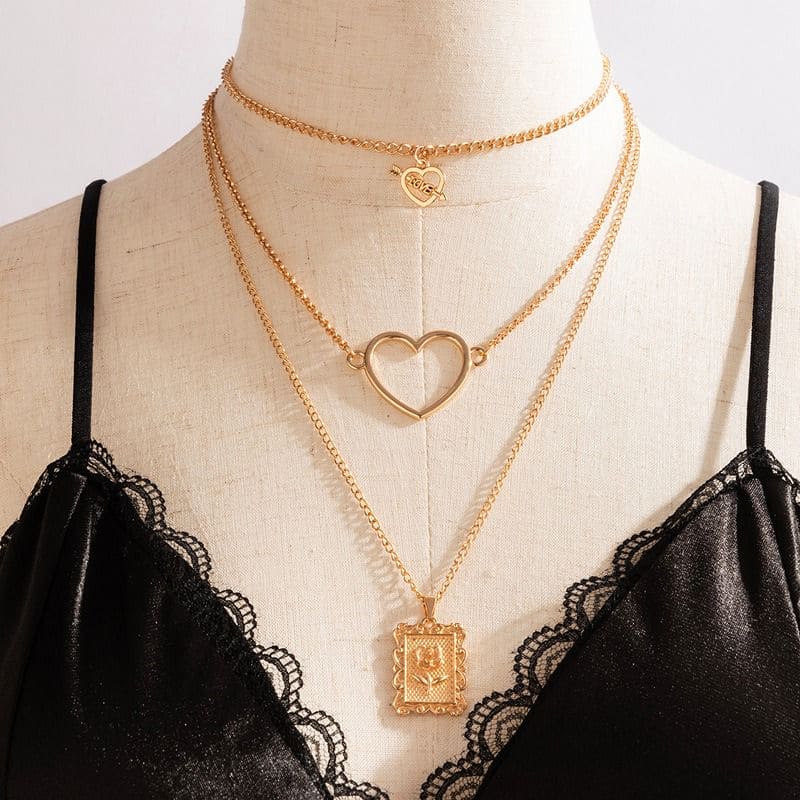 Three Chain Long Necklace, Heart Charms Long Chain Necklace, Multilayer Cute Pink Crystal Heart Charms Metal Long Necklace