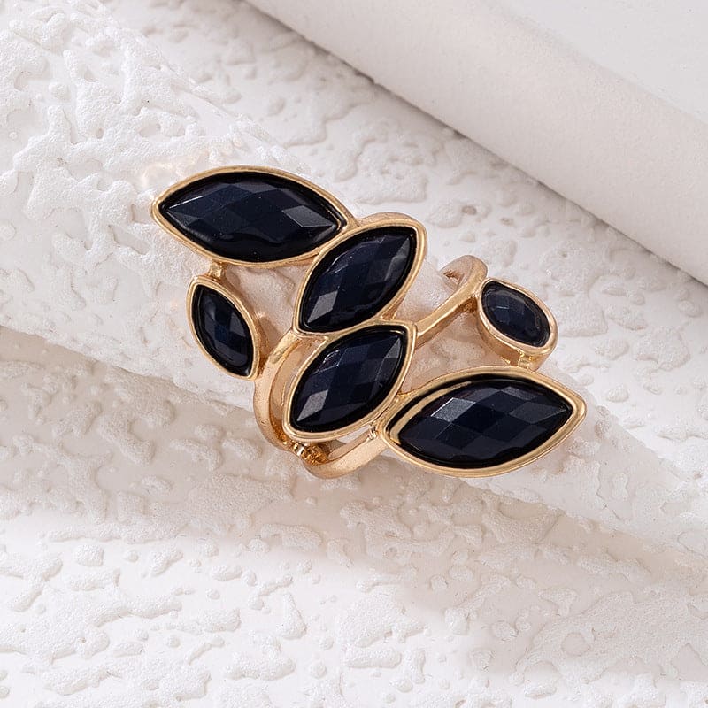 Luxury Black Crystal Leaf Ring, Oval Geometric Rhinestone Ring, Crystal Stone Opening Joint Ring, Black Crystal Diamond Ring For Women, Gemstone Ring for Women