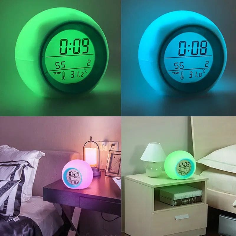 Cute Kids Digital Alarm Clock, 7 Color Alarm Clock, Cute Wake Up Timer Alarm Clock, Touch Control Digital Clock,  Colors Change Night Glowing Digital Alarm Clock, Natural Sounds Table Watch, Round Snooze Led Alarm Clock