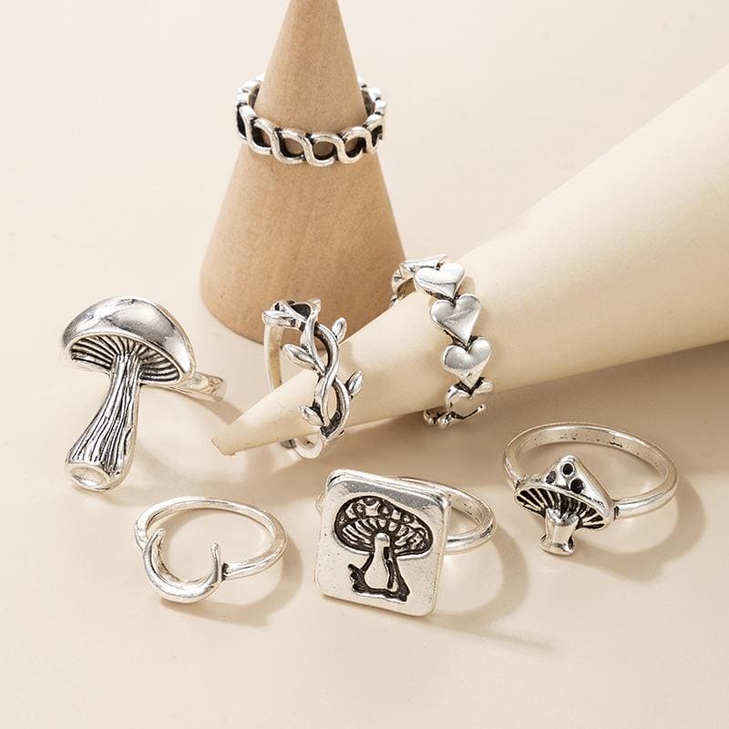 Set Of 7 Vintage Goth Mushroom Rings For Women, Mushroom Heart Leaves Rings,  Stackable Finger Rings, Midi Rings For Women Fashion