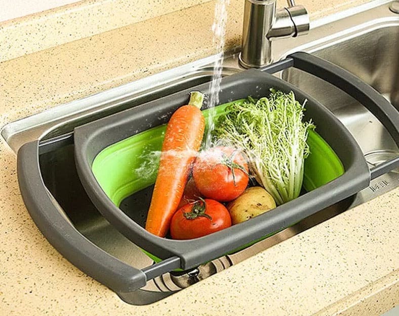 Expandable Silicon Drain Basket, Pull Rod Washing Vegetable Washing Basket, Telescopic Folding Drain Basket With Extendable Handles