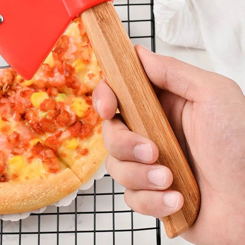 Axe Bamboo Handle Pizza Cutter, Stainless Steel Rotating Blade Pizza Pastry Pasta Dough Cutting Tools, New Portable Round Pizza Pizza Cutter