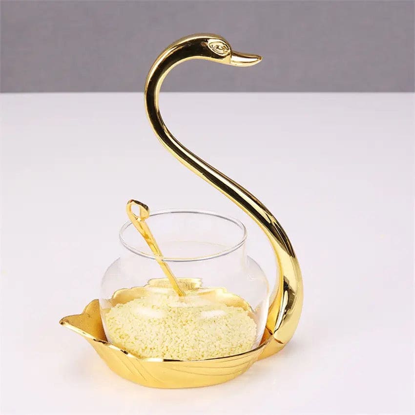 Luxury Swan Sugar Pot, Aluminum Condiment Pot, Seasoning Container Spice Glass Jar, Salt Sugar Bowl Pepper Container, Tableware Dinnerware Home Table Decor, Storage Organizer Swan Rack, Aluminum alloy Condiment Organizer