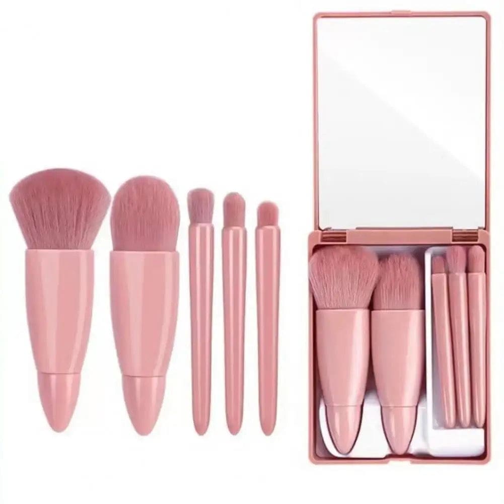5 Pcs Mini Travel Makeup Brush Set, Portable Makeup Brush Box With Mirror, Giant Soft Loose Powder Blush Eye Shadow Cosmetic Brushes, Mini Makeup Brush, Reusable Artificial Fibers Eyeshadow Beauty Makeup Brush, Portable Blush Brush, Concealer Brush
