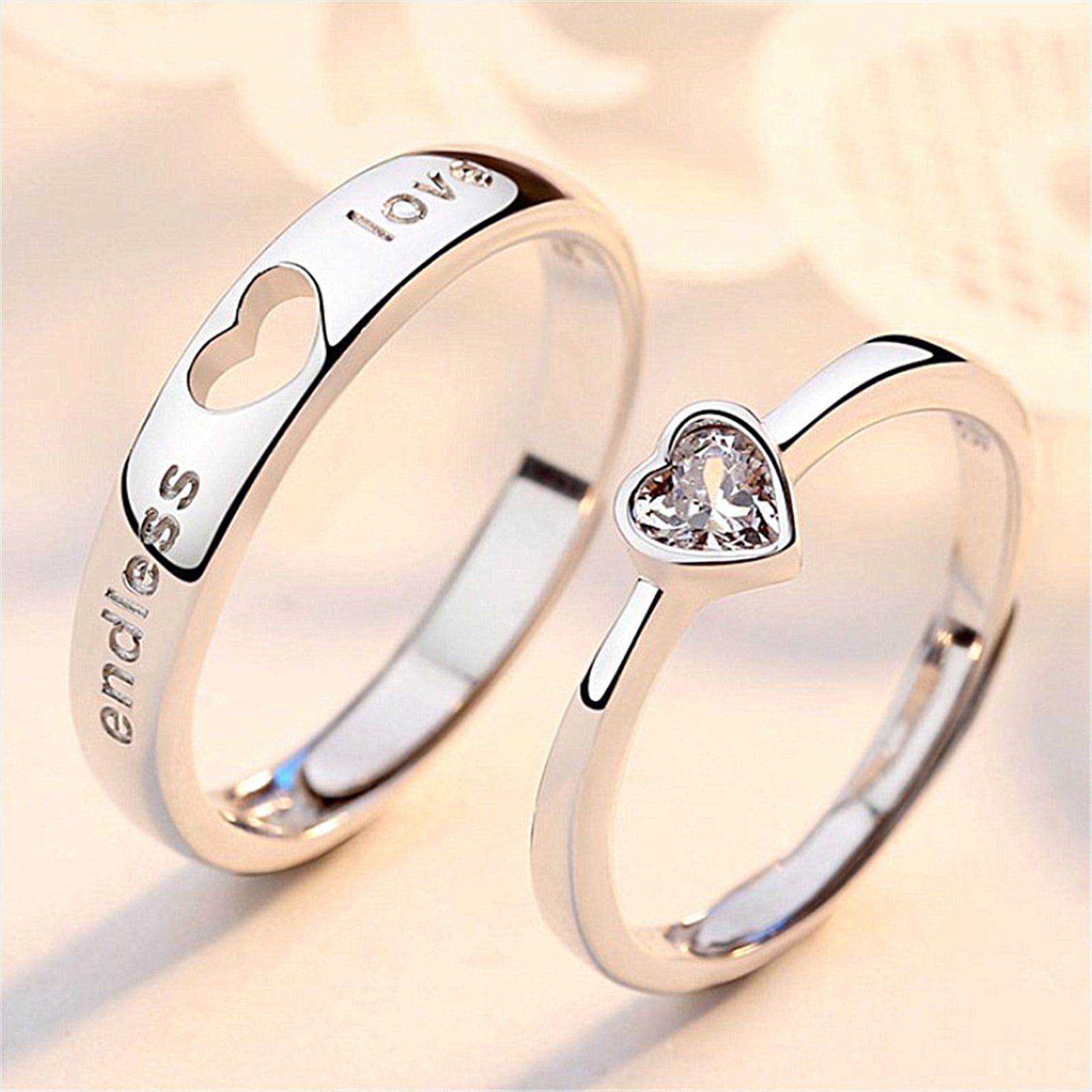 Heart Matching Couple Rings Set, Forever Endless Love Wedding Ring, Love Engagement Wedding Couple Rings, Adjustable Heart Shaped Silver Ring