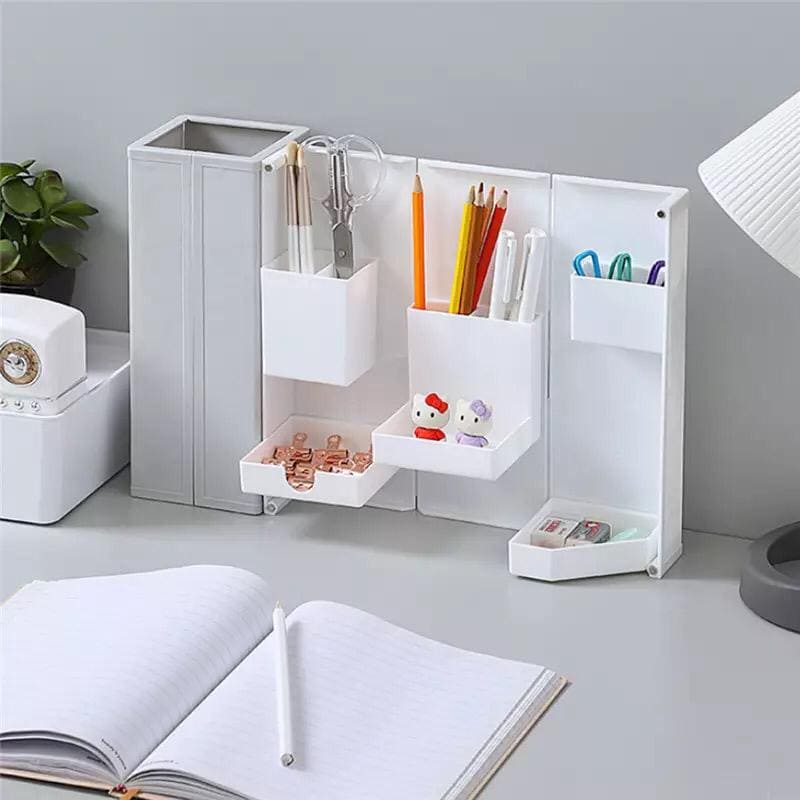 Multifunctional Collapsible Desktop pen holder, Magnetic Opening Closing Plastic Pen Case, Creative Multifunction Magnet Switch Pen Holder, Plastic Stationary and Cosmetic Organizer